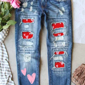 Jean Effet Vieilli En Forme De Coeur À Jambe Droite