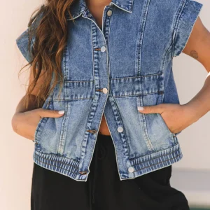 Gilet En Jean Boutonné À Ourlet Élastique Délavé À L'Acide