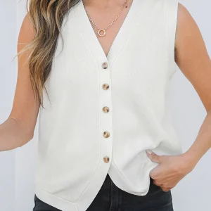 Gilet Blanc Boutonné À Col En V