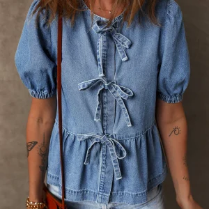 Chemise en jean a basque et manches bulles