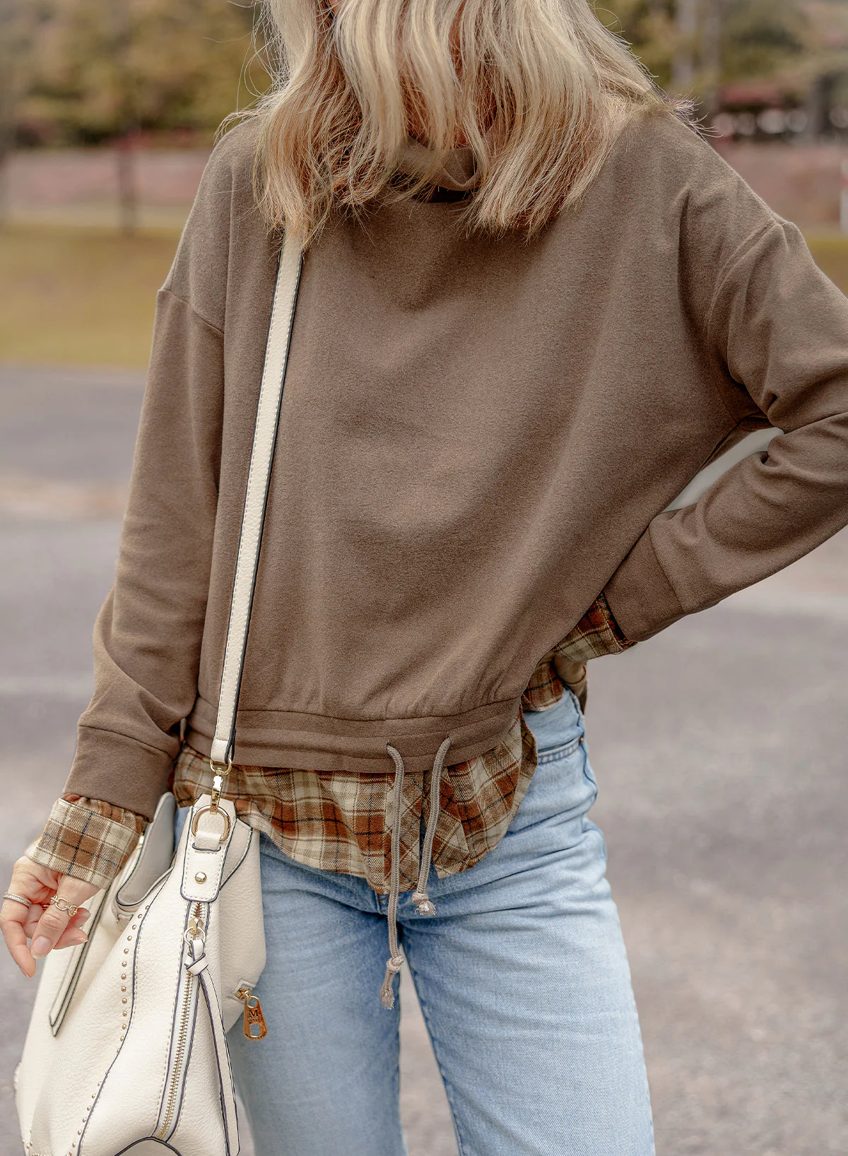 Chemisier a col montant et patchwork a carreaux