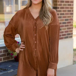 Barboteuse Cotelée À Manches Longues Et Boutonnée Sur Le Devant