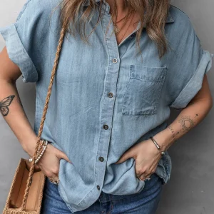 Chemise En Jean À Manches Courtes Pliées Et Poches Plaquées