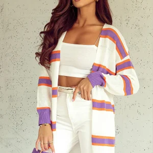 Cardigan boutonné à bordure côtelée rayé