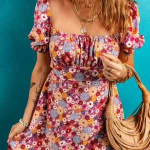 Mini-Robe Fleurie À Manches Bouffantes, Col Carré, Nœud Et Dos Ouvert