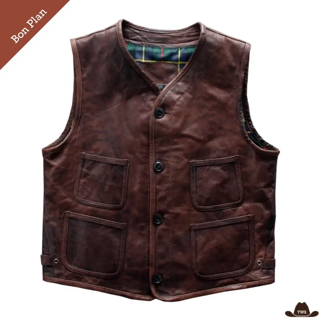 Gilet Sans Manches Cuir Homme Style Western - L et 3XL - Bon Plan