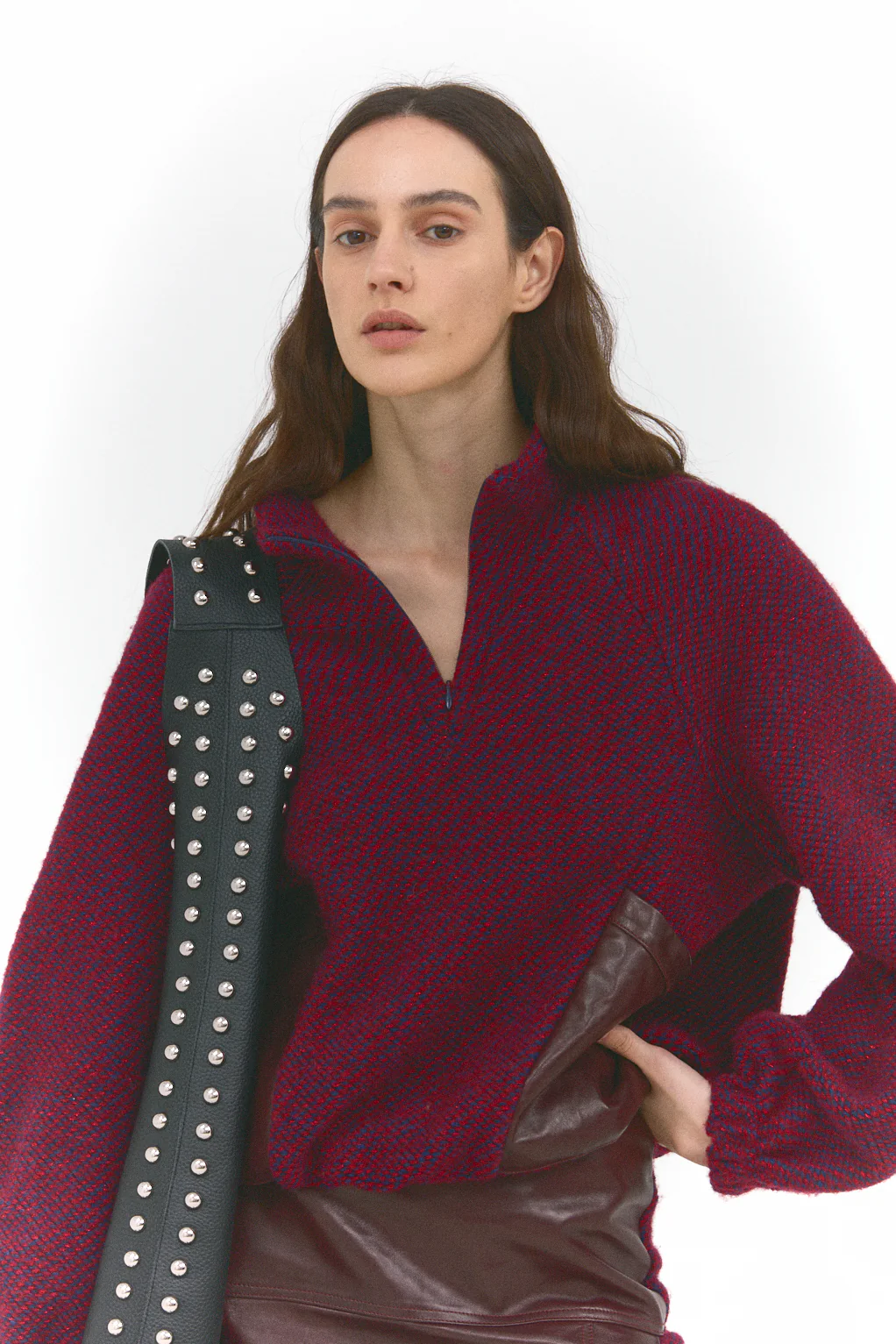 Aude – Pull en laine légère et cuir lisse tanné