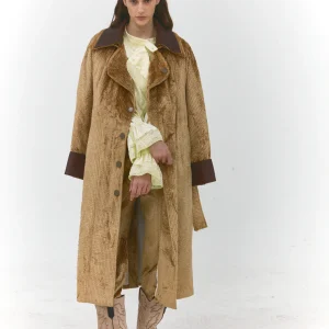 Aurèle – Manteau long à rayures côtelées et col en cuir