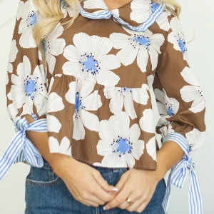 Chemisier À Col En V Et Manches Nouées À Imprimé Floral Et Rayures