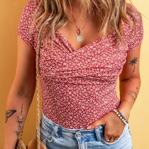 Body enveloppé à fleurs à manches courtes