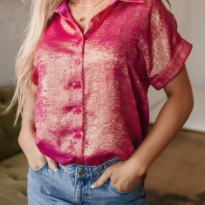 Chemise Décontractée Boutonnée À Manches Courtes Et À Reflets Métalliques