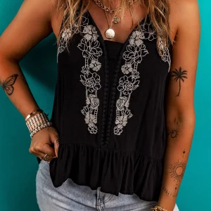 Débardeur À Bretelles Spaghetti À Volants Et Broderie Florale