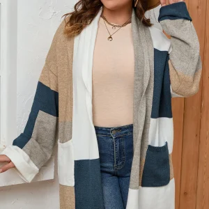 Cardigan en Maille Colorblock de Grande Taille