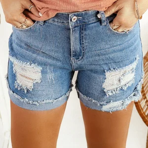 Short En Jean Effet Vieilli Déchiré À Ourlet Roulé