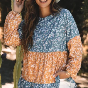 Blouse florale a col rond et ourlet a volants