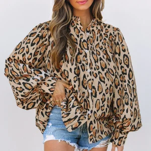 Chemise Décontractée Surdimensionnée À Manches Ballon Et Imprimé Léopard