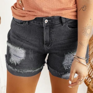 Short En Jean Effet Vieilli Déchiré À Ourlet Roulé
