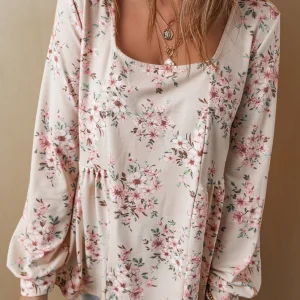 Blouse ample plissée a imprimé floral et col en U