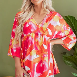 Blouse babydoll a volants et col en V a manches 3/4